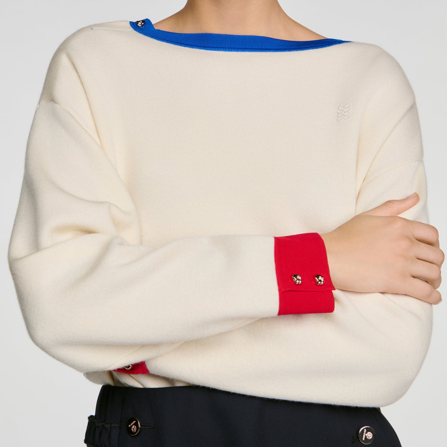 Shanti Contrast round-neck wool jumper Ecru