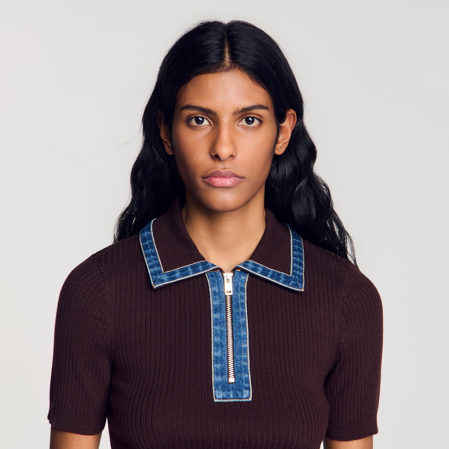 Richmond Knit polo jumper with denim collar Brown