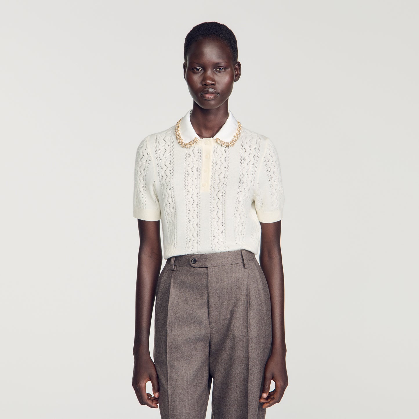 Mirabelle Jewellery-neck pointelle jumper Ecru