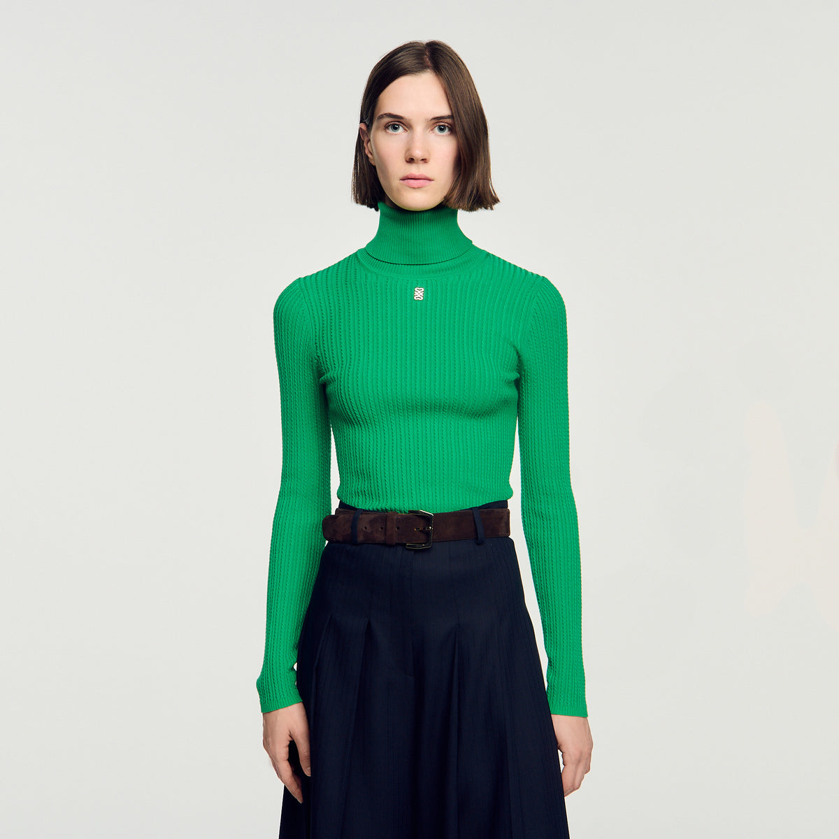 Eline Roll-Neck Cable Knit Jumper Green