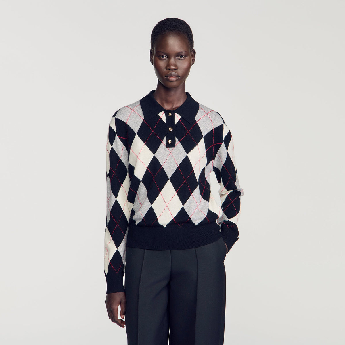 Zefira Argyle Polo Jumper Black / Ecru