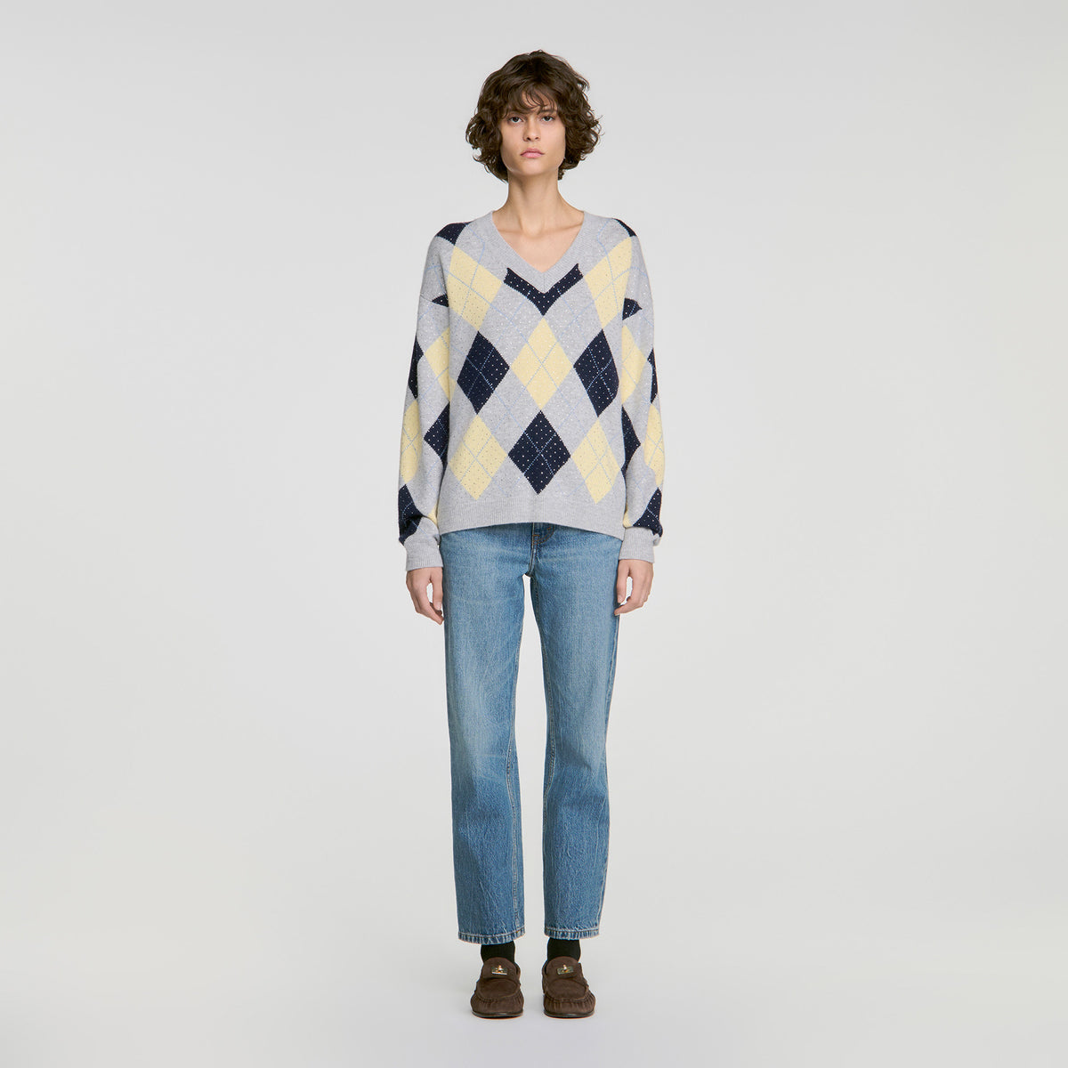 Jennie Rhinestone Argyle jumper Grey / Yellow