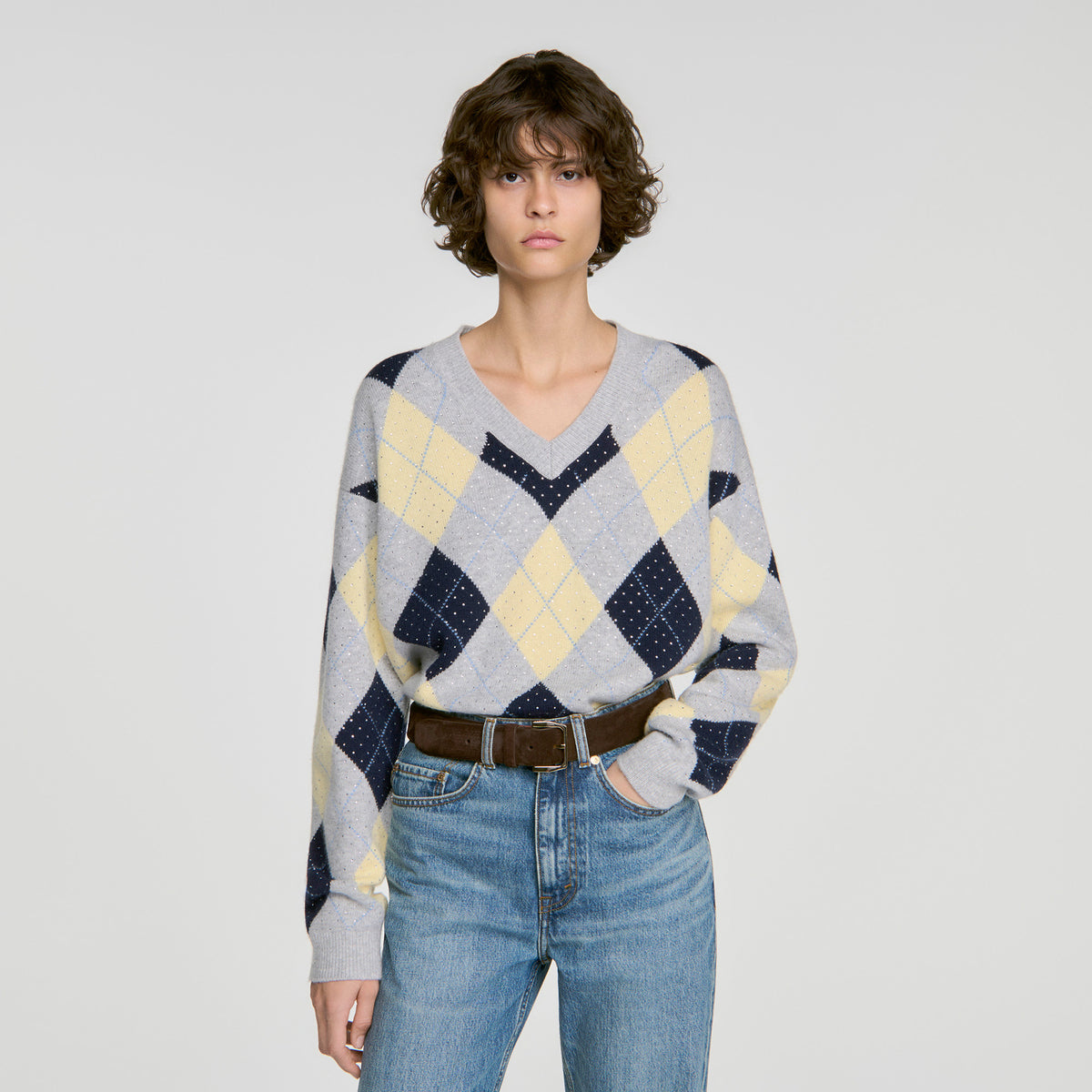 Jennie Rhinestone Argyle jumper Grey / Yellow