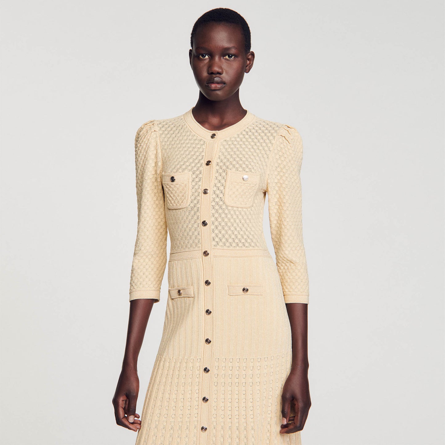 Ramia Pointelle Knit Midi Dress Gold