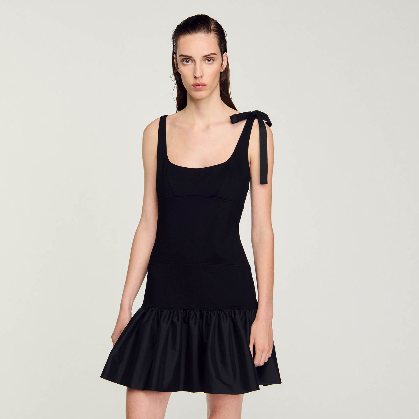 Dual-Material Short Dress Black