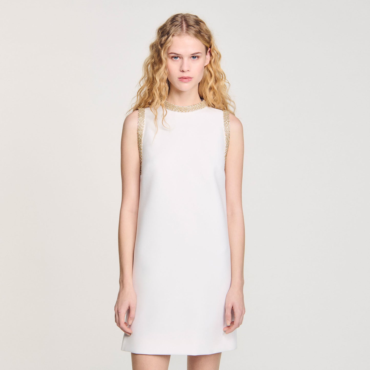 Short Dress With Rhinestone Details Ecru