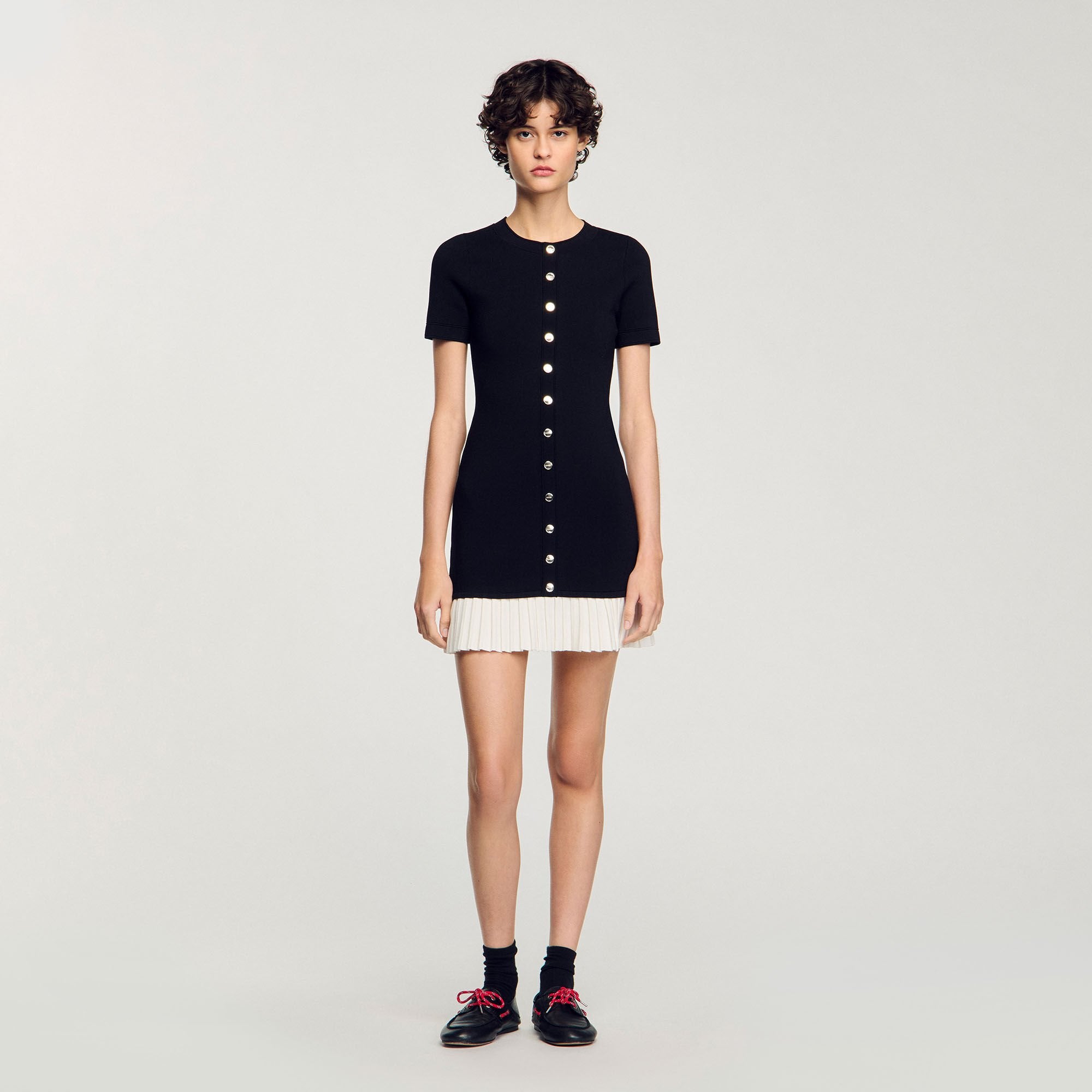 Short Knit Dress With Ruffle Black / Ecru