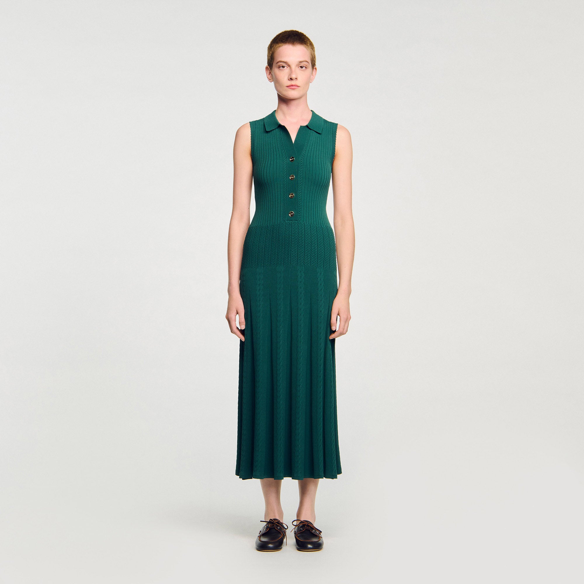 Shop Gwenn Knit Dress With Polo Neck Dark Green for Woman Online - Sandro UAE Shop Gwenn Knit Dress With Polo Neck Dark Green for Woman Online - Sandro UAE