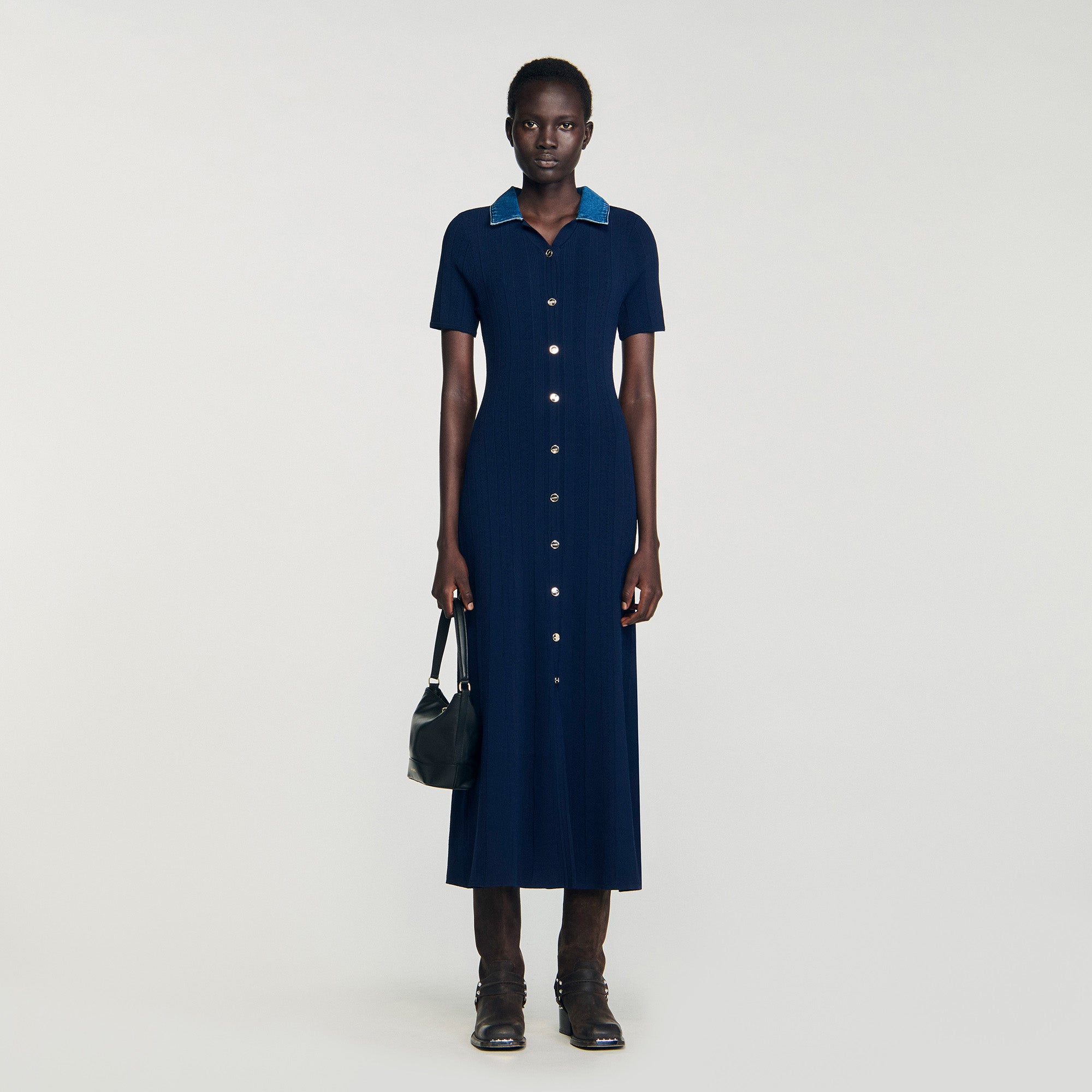 Julietta Denim Collar Knit Maxi Dress Navy Blue