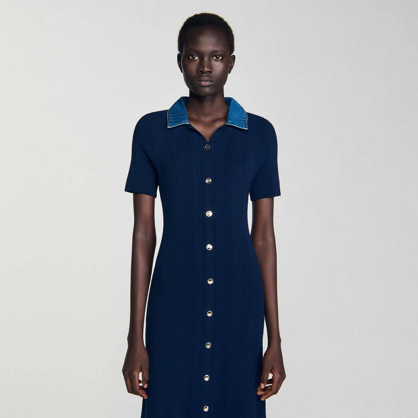 Julietta Denim Collar Knit Maxi Dress Navy Blue