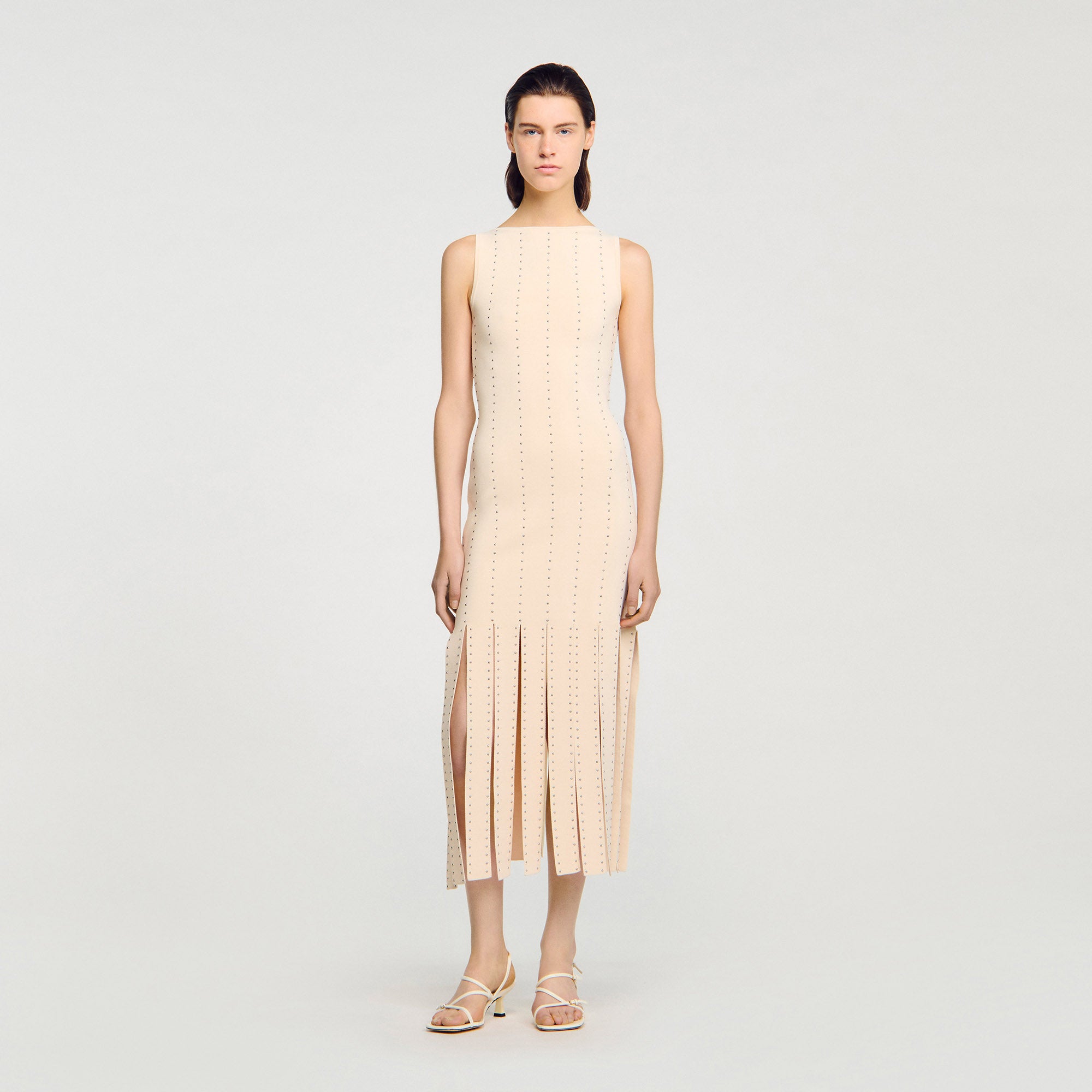 Shop Aphrodite Fringed Knit Maxi Dress Ecru for Woman Online - Sandro UAE Shop Aphrodite Fringed Knit Maxi Dress Ecru for Woman Online - Sandro UAE