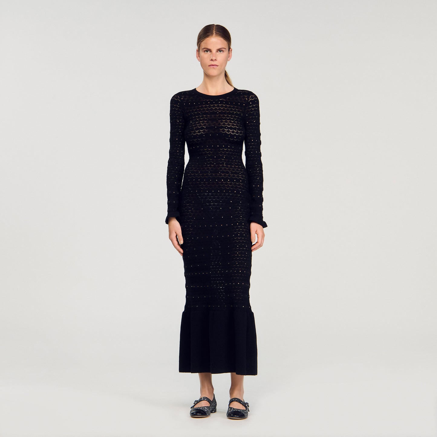 Clemence Rhinestone Knit Maxi Dress Black