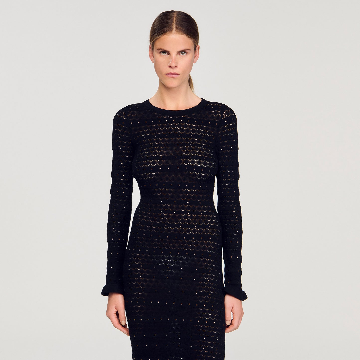 Clemence Rhinestone Knit Maxi Dress Black