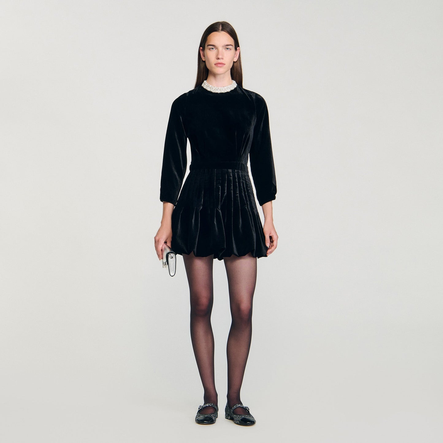 Amalia Beaded Velvet Short Dress Black