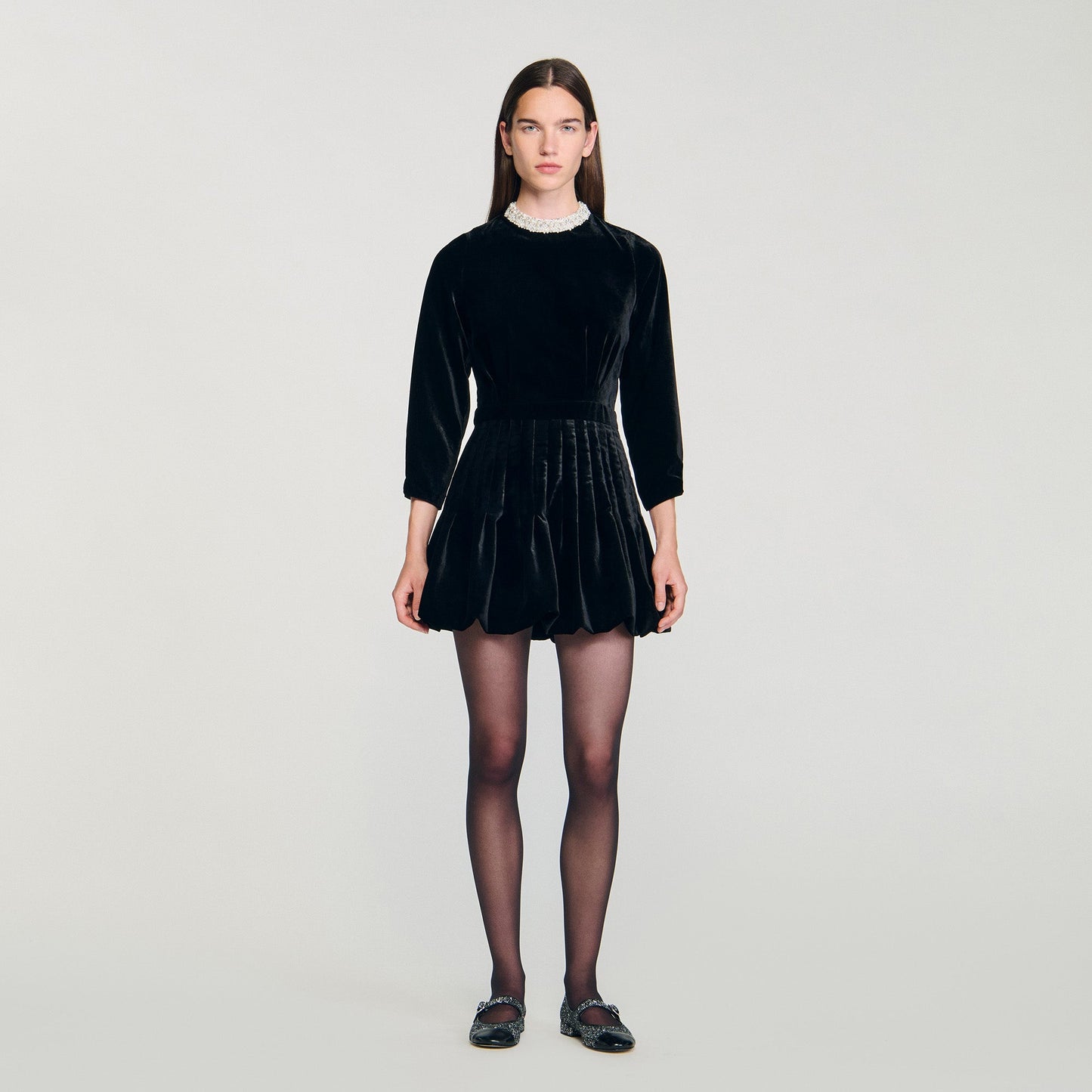 Amalia Beaded Velvet Short Dress Black