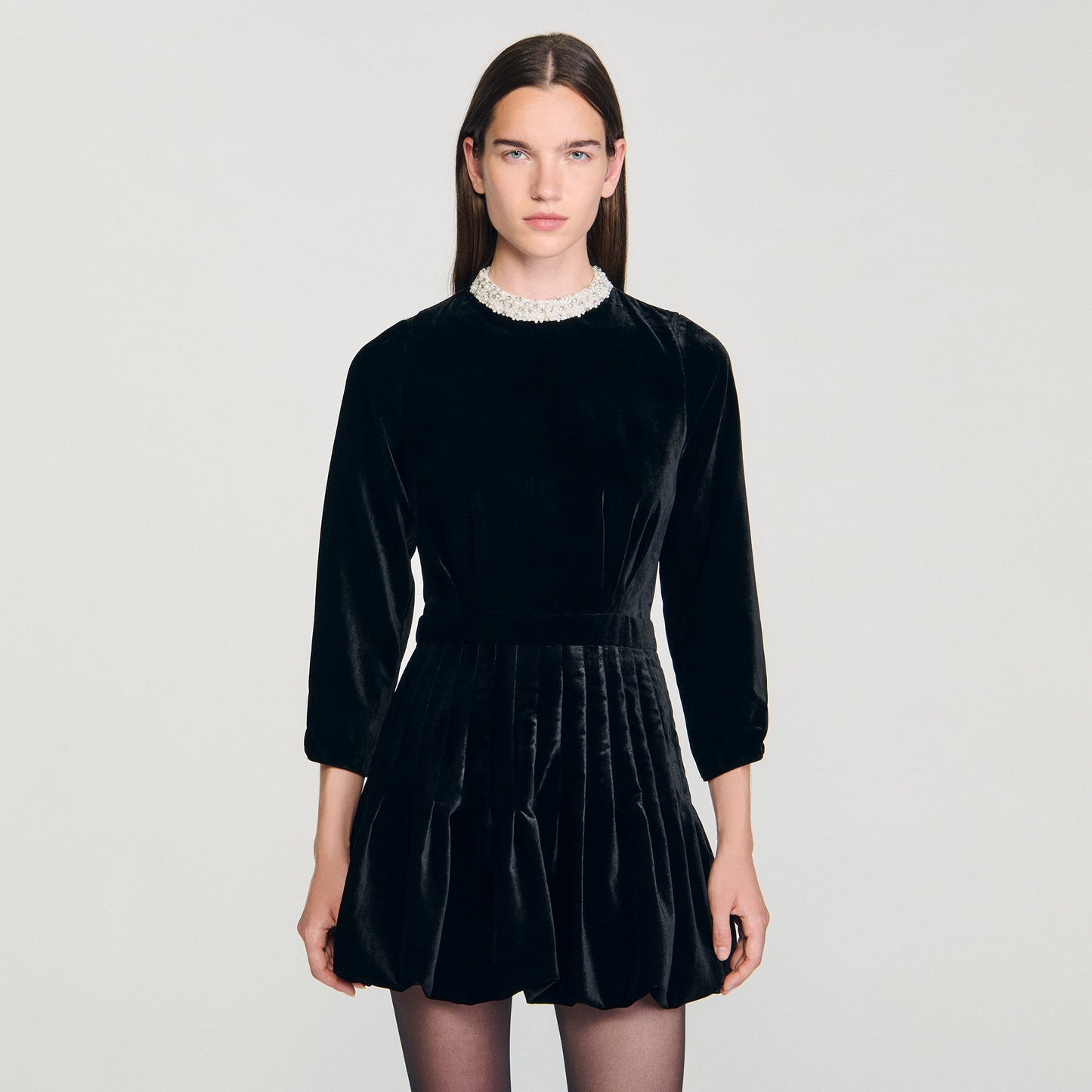 Amalia Beaded Velvet Short Dress Black