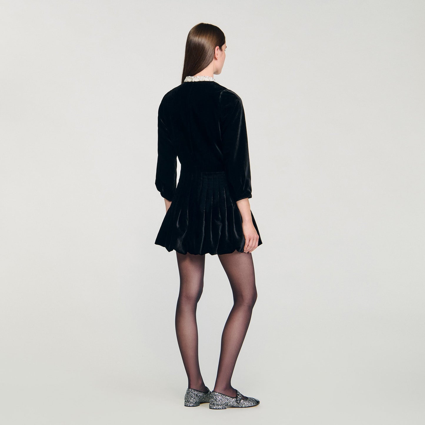 Amalia Beaded Velvet Short Dress Black
