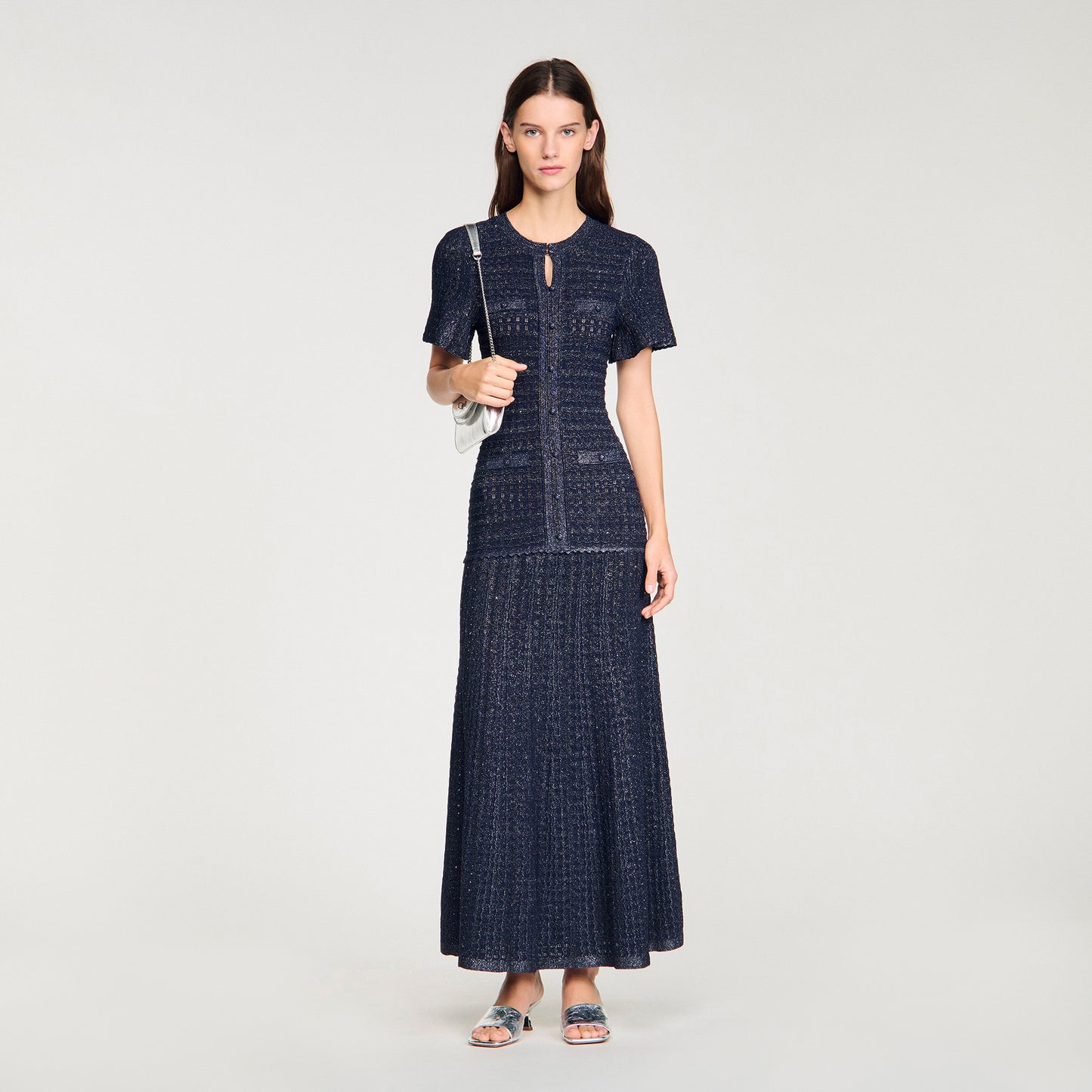 Diane Rhinestone Knit Maxi Dress Navy Blue