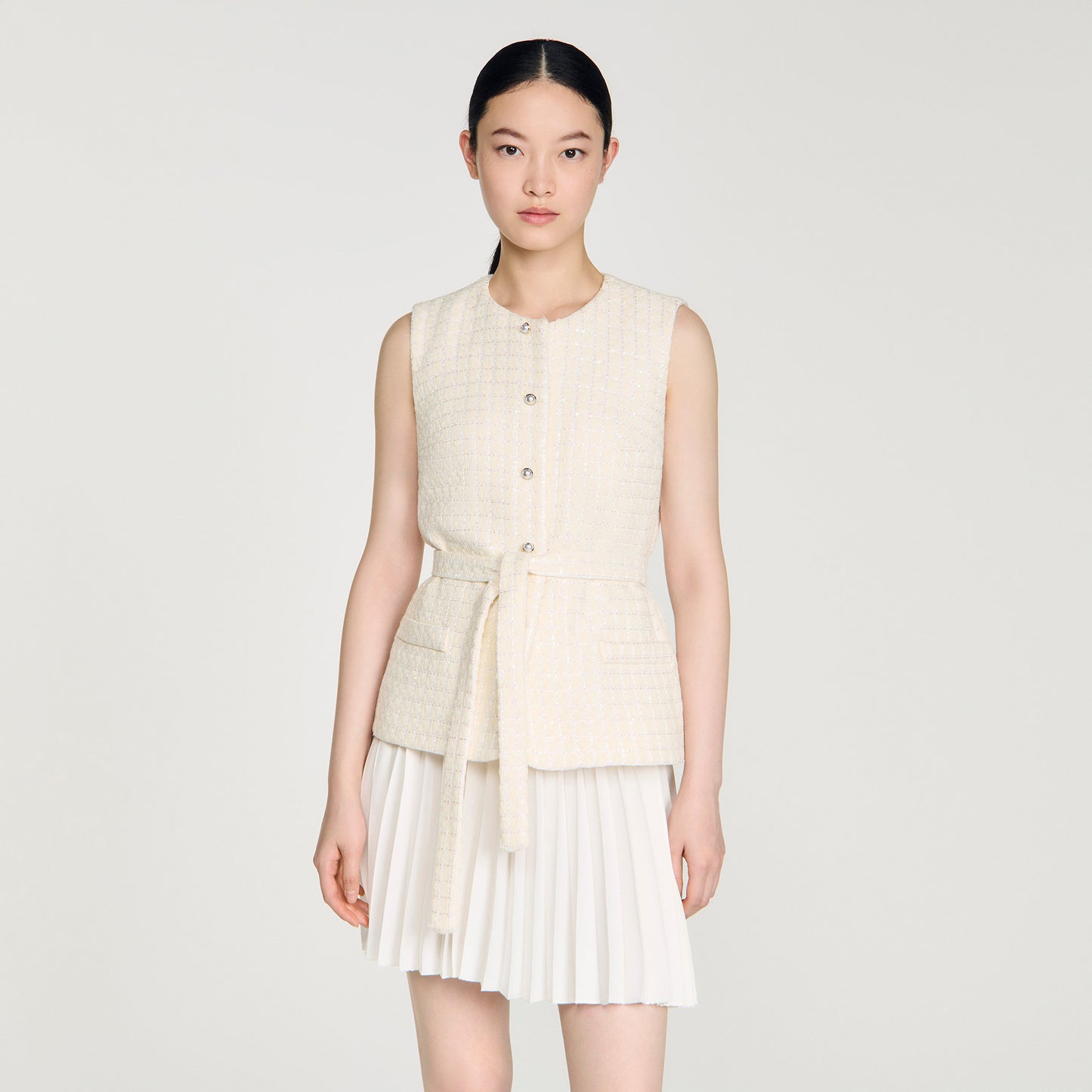 Bloom Two-Material Short Dress Ecru