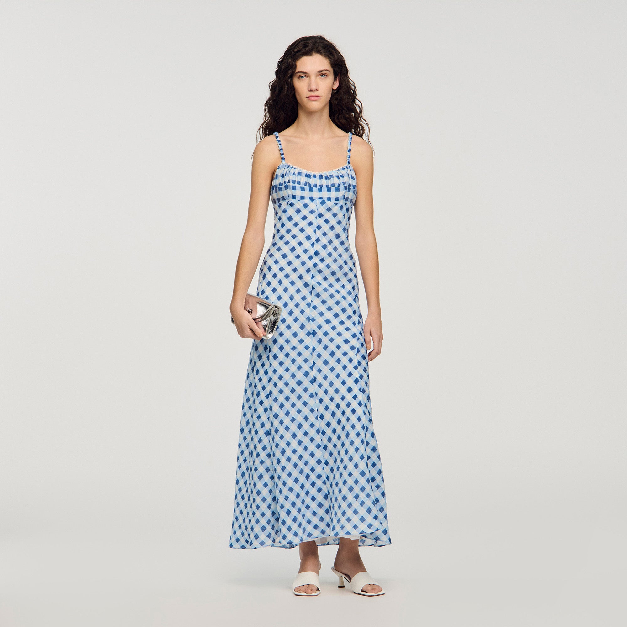colette linen dress Gingham Maxi Blu / White Sizes:L-XL over-200 21 Times '90s Fashion through placket makes nursing