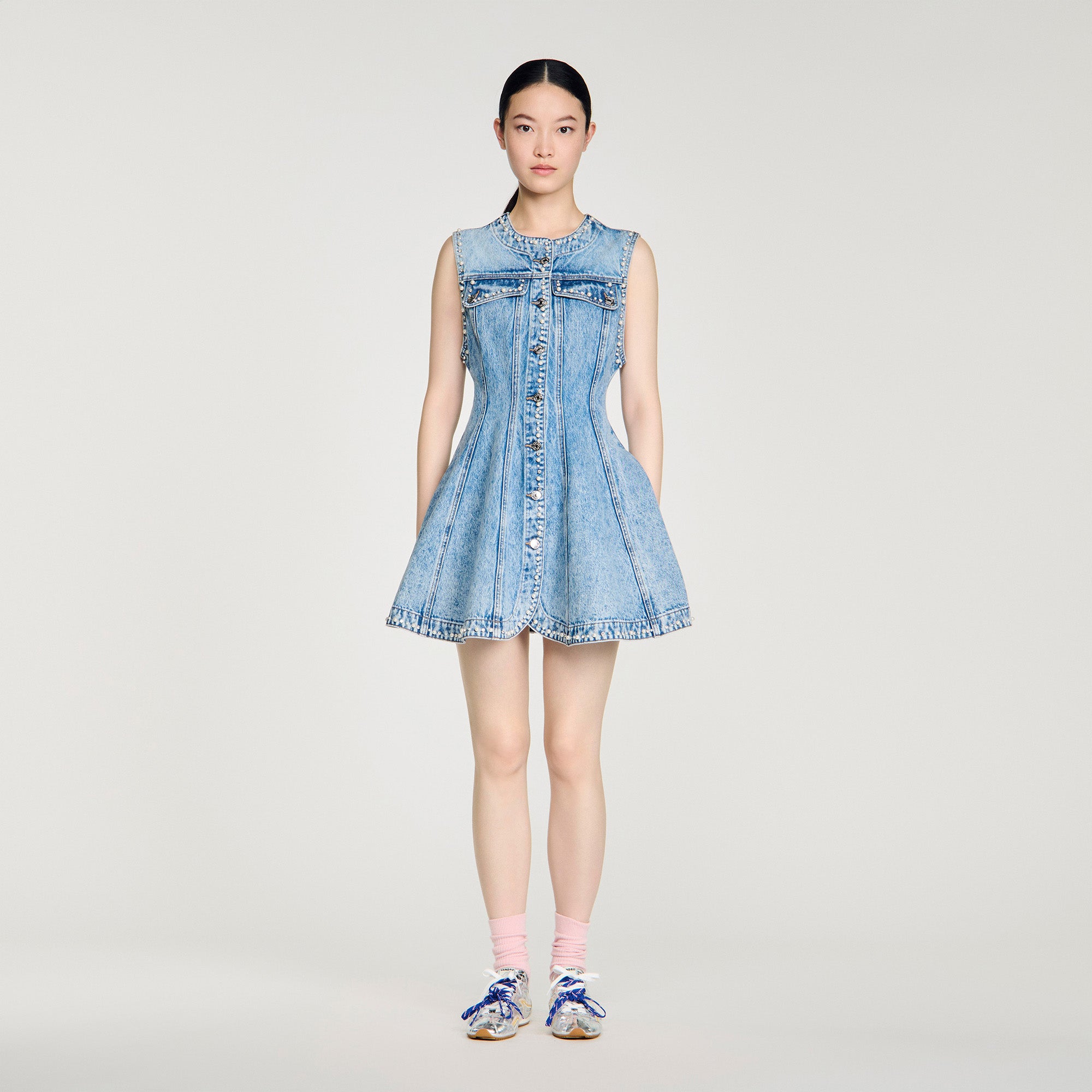 Riri Short Beaded Rhinestone Denim Dress Blue Jean