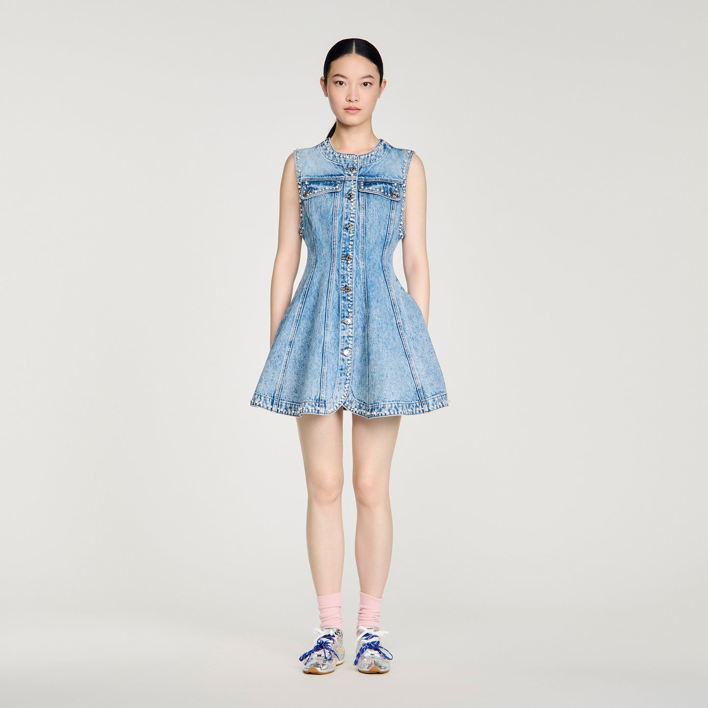 Riri Short Beaded Rhinestone Denim Dress Blue Jean