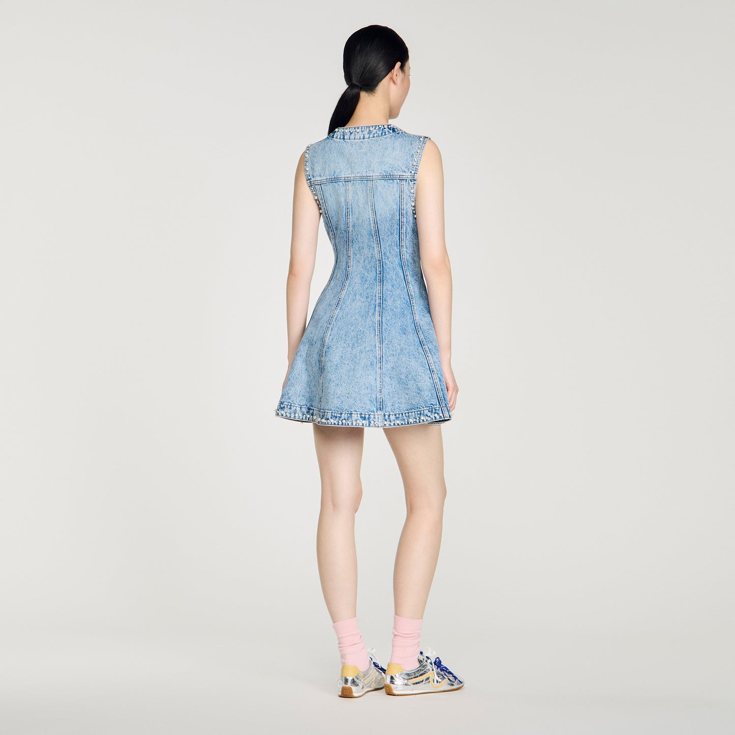 Riri Short Beaded Rhinestone Denim Dress Blue Jean