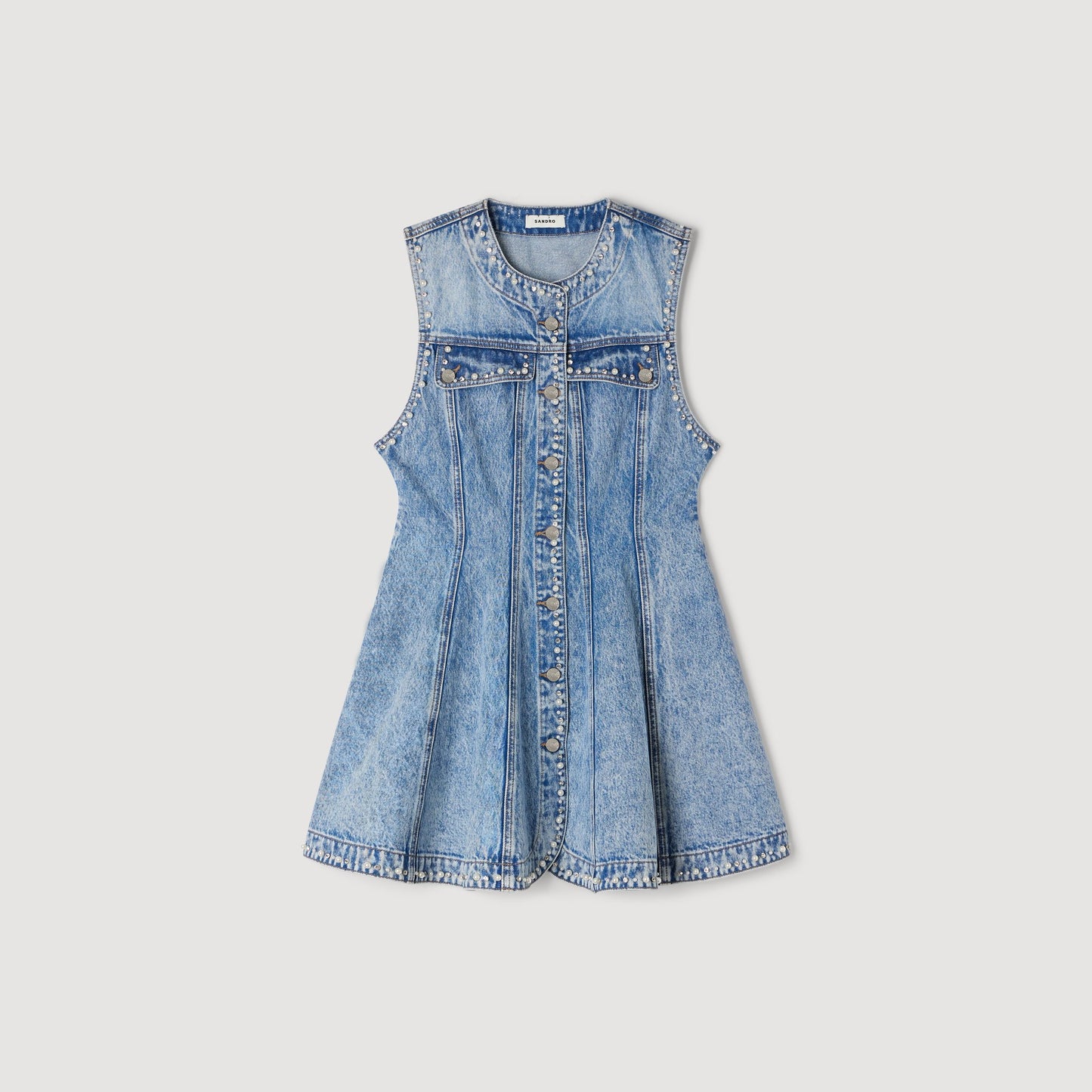 Riri Short Beaded Rhinestone Denim Dress Blue Jean