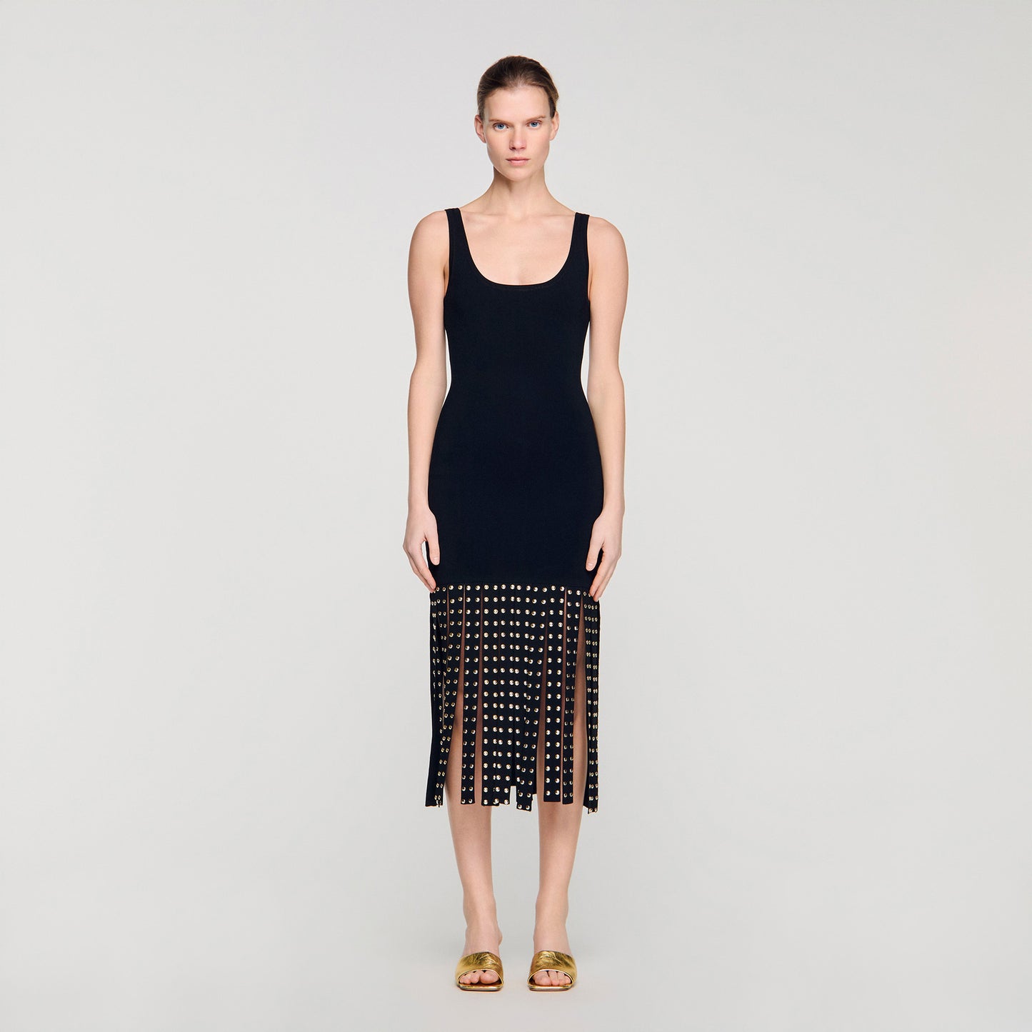 Fringed Knit Maxi Dress Black