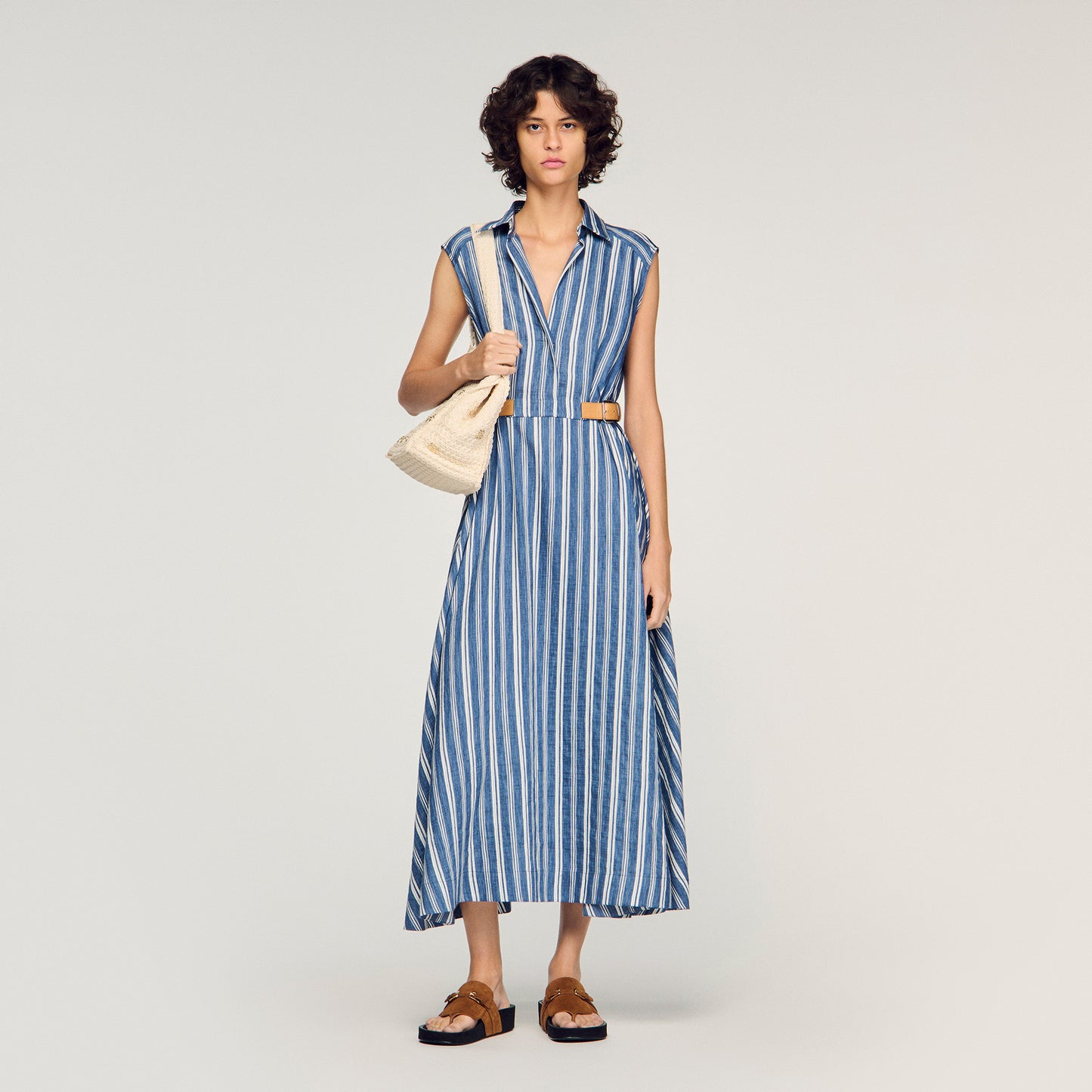 Sofia Striped Maxi Dress With Leather Tab Blu / White