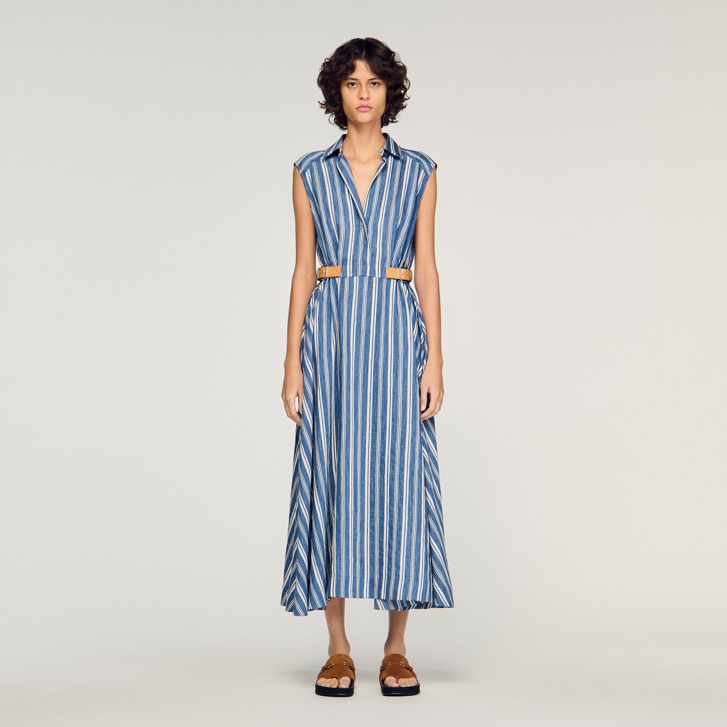 Sofia Striped Maxi Dress With Leather Tab Blu / White