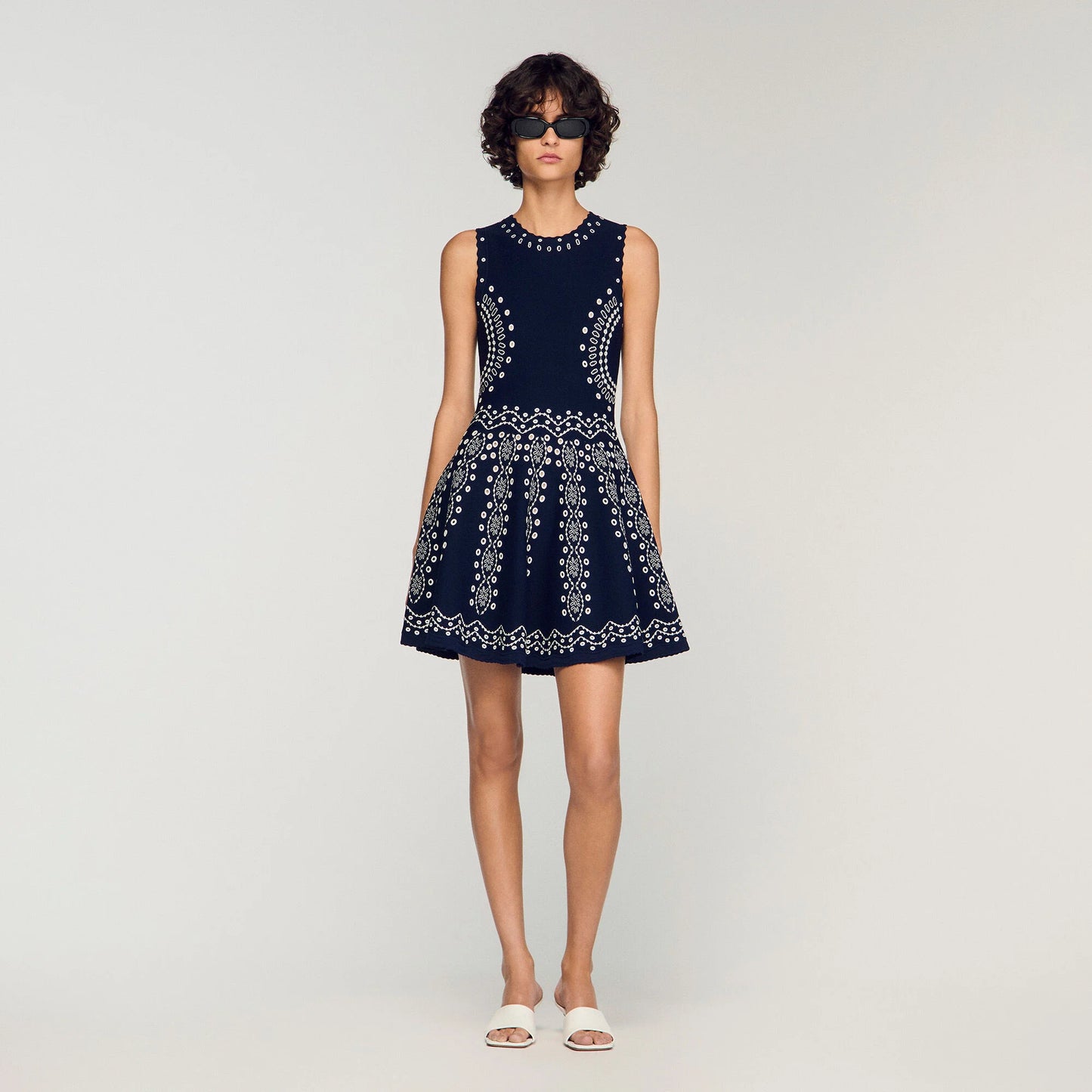 Capri Scarf-Print Knit Short Dress Navy Blue