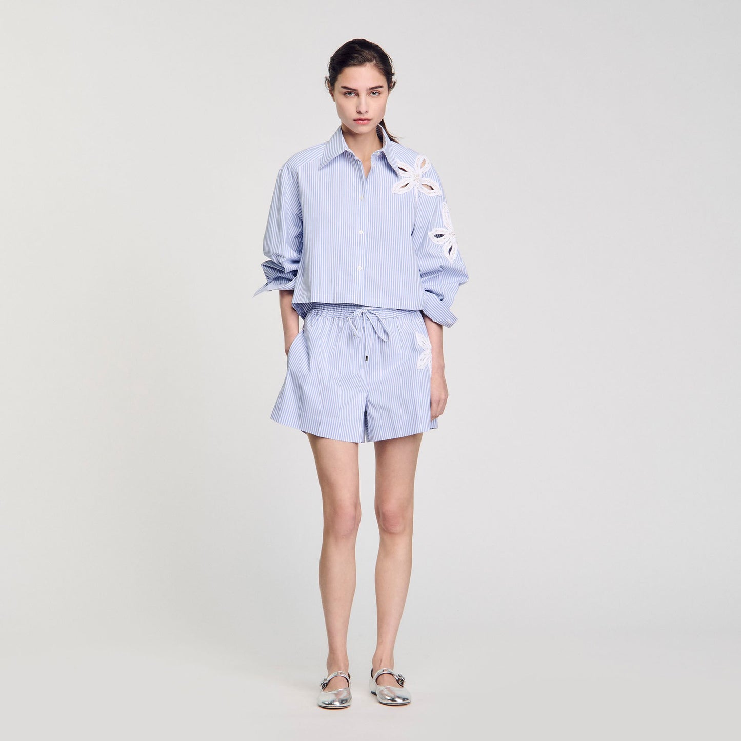 Physalis Striped Shorts With Flower Detail Sky Blue