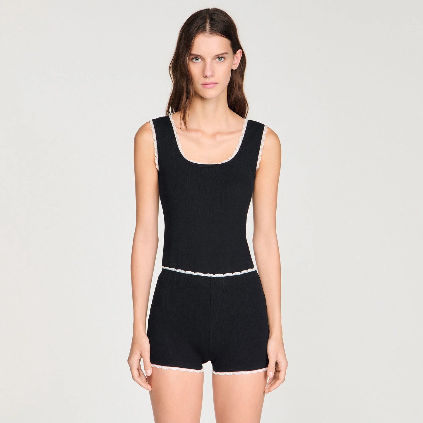 Solal Beaded Embroidered Ribbed Shorts Black