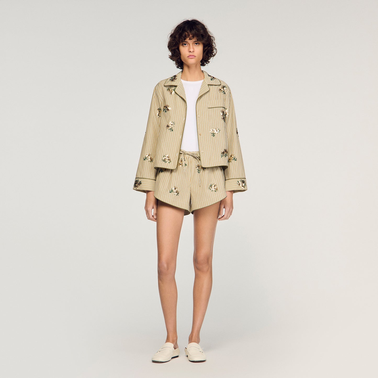 Nillo Floral Embroidered Striped Shorts Olive Green