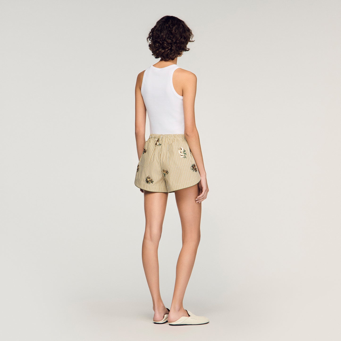 Nillo Floral Embroidered Striped Shorts Olive Green