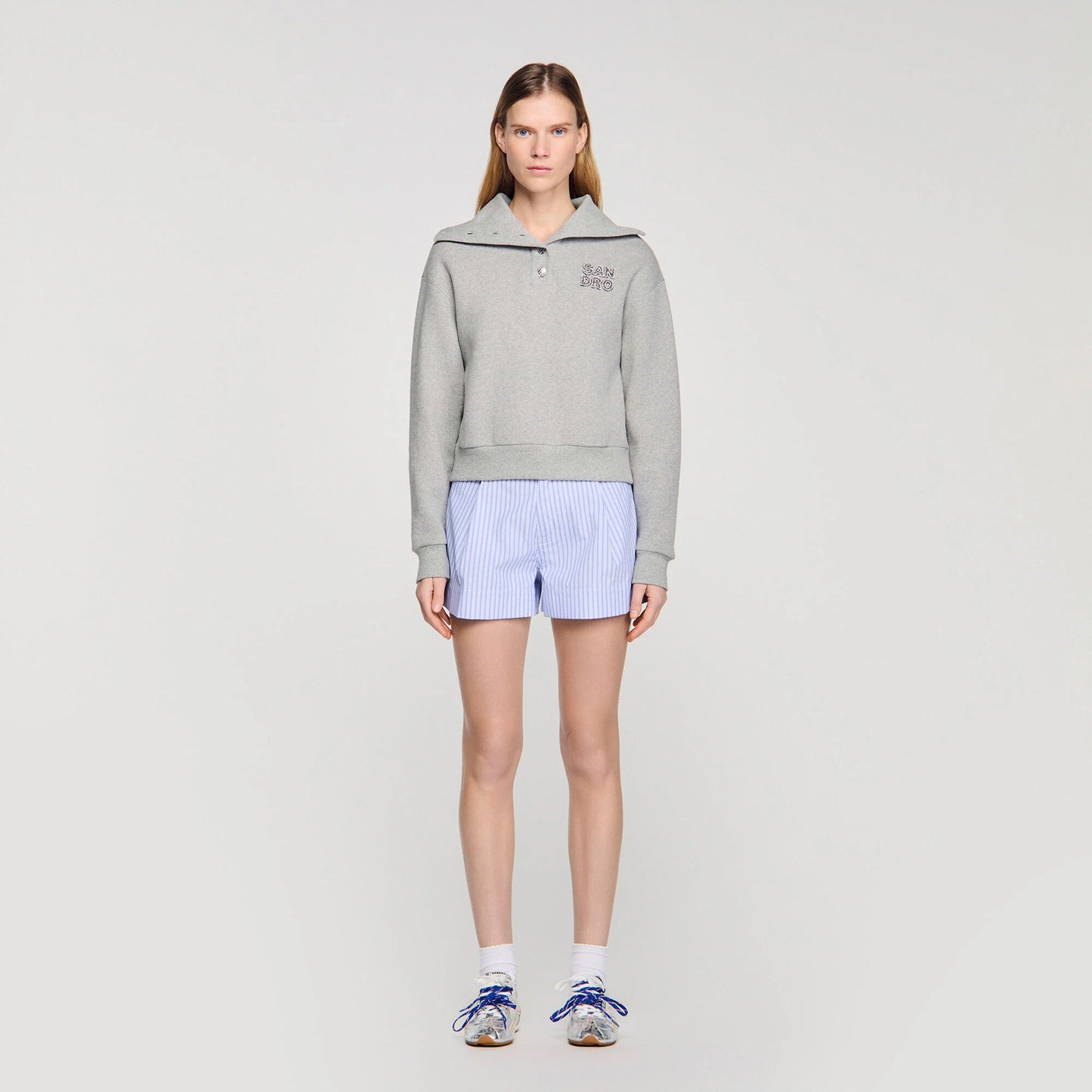 Avery Embroidered Split Neck Sweatshirt Grey