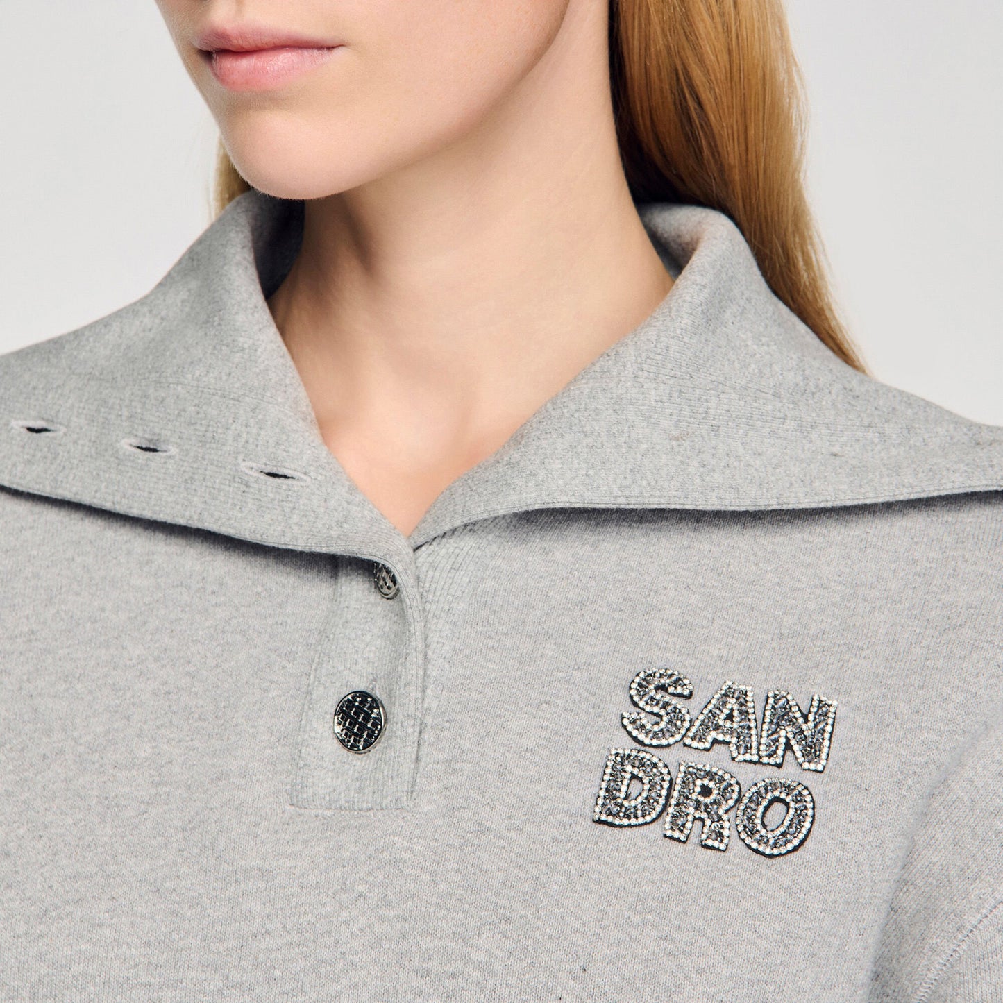 Avery Embroidered Split Neck Sweatshirt Grey