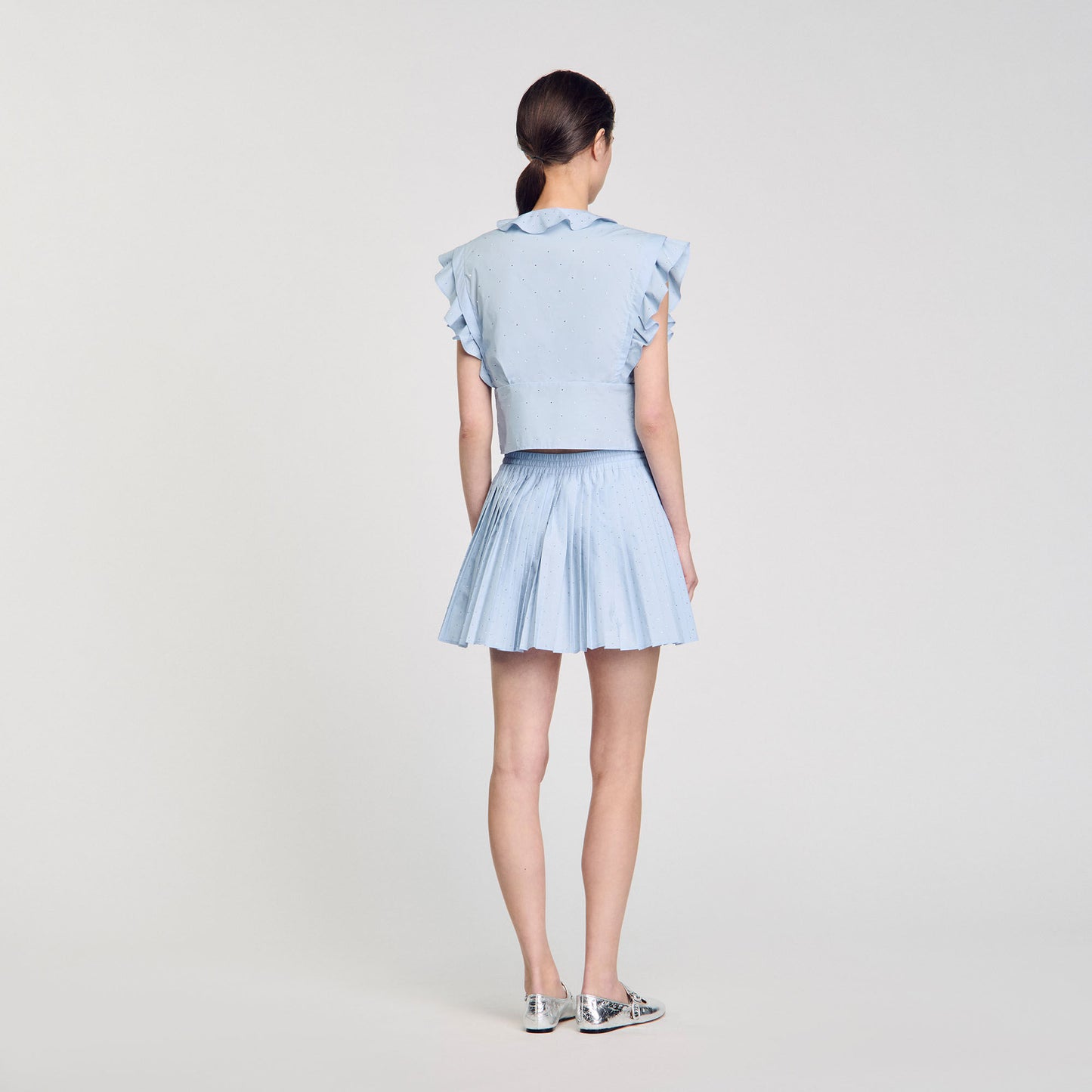 Azur Rhinestone Ruffle Top Sky Blue