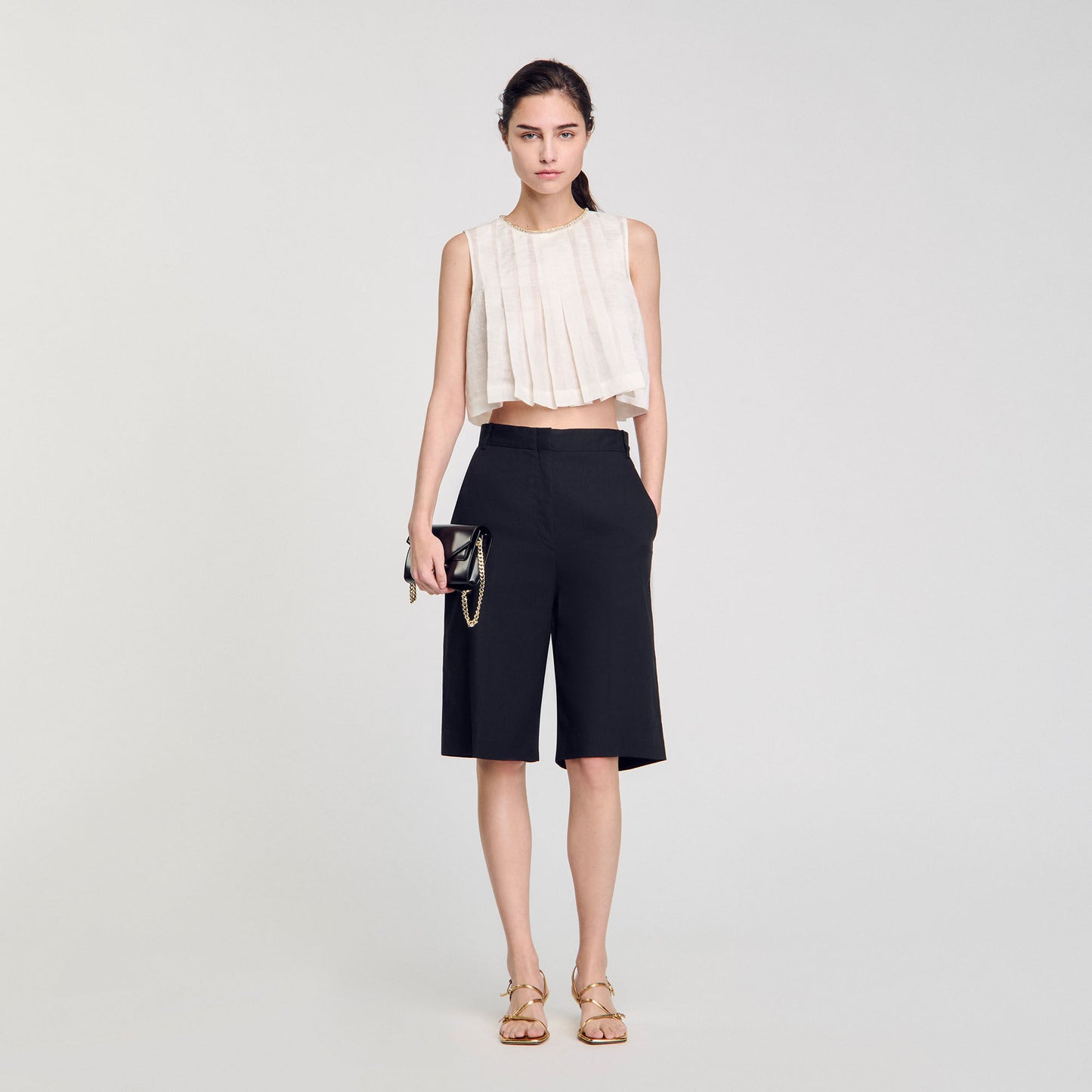 Hillary Pleated Rhinestone Neck Crop Top White