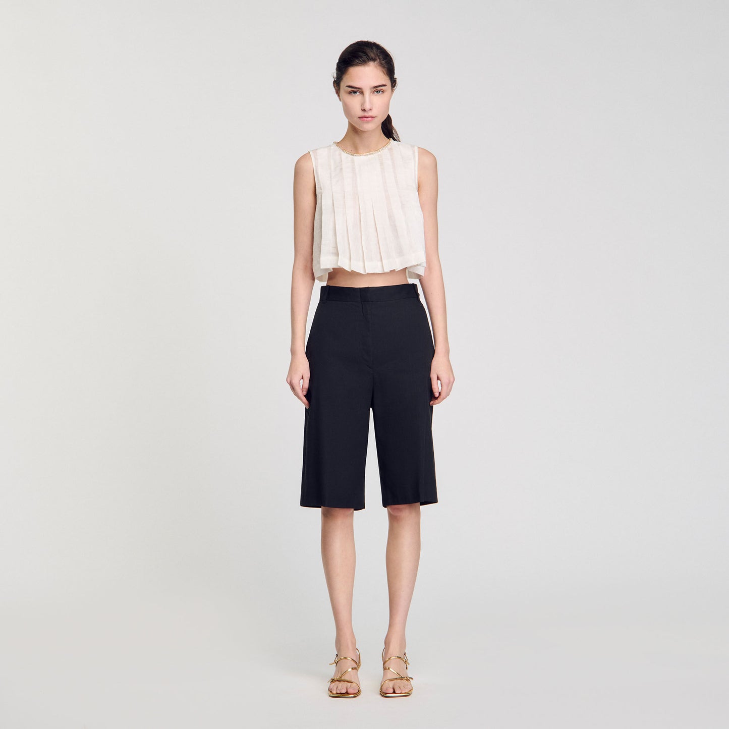 Hillary Pleated Rhinestone Neck Crop Top White