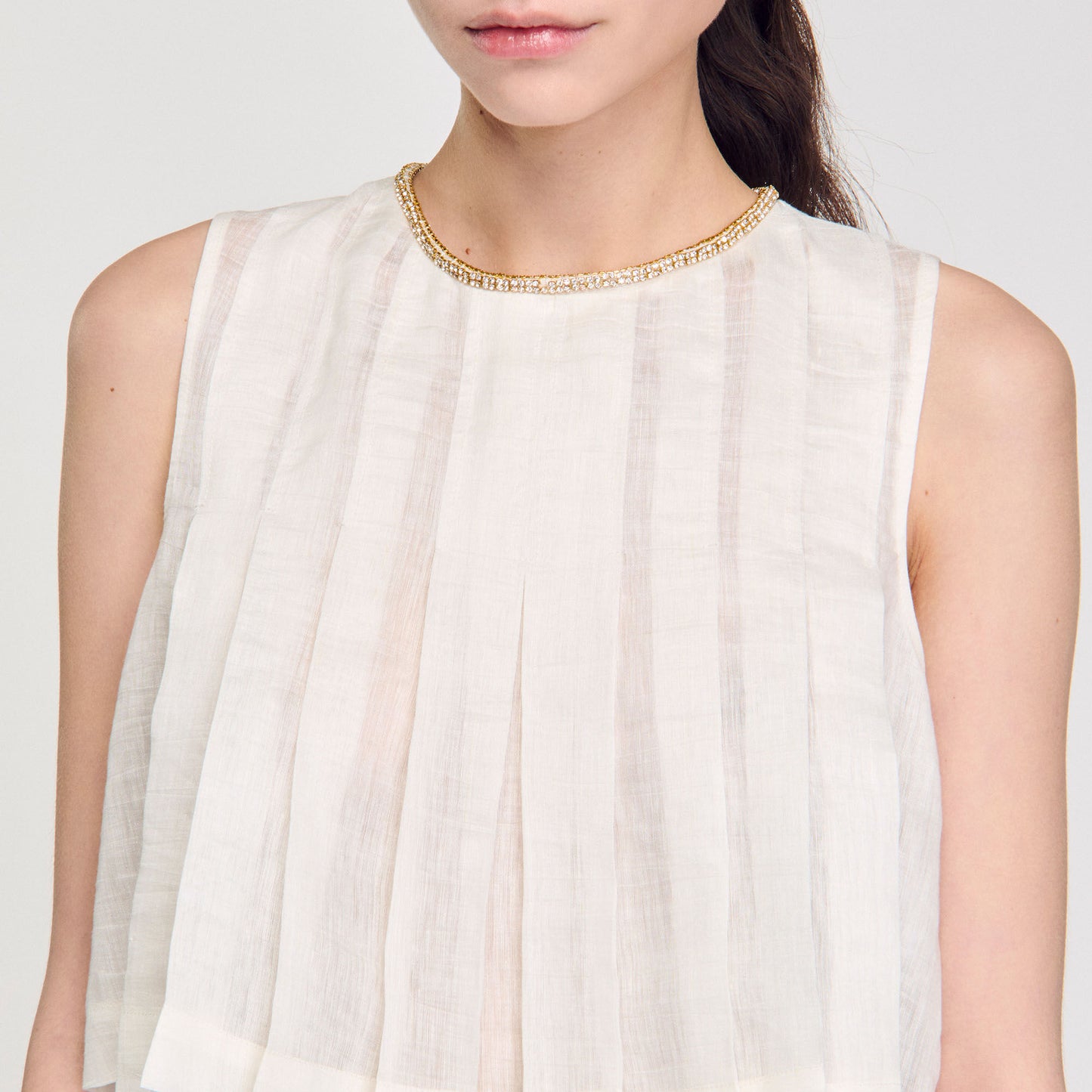 Hillary Pleated Rhinestone Neck Crop Top White
