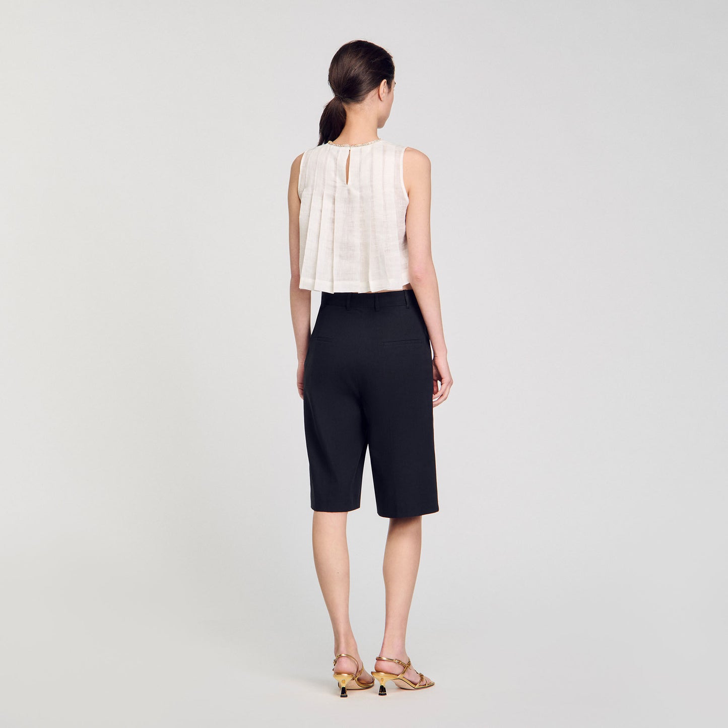 Hillary Pleated Rhinestone Neck Crop Top White