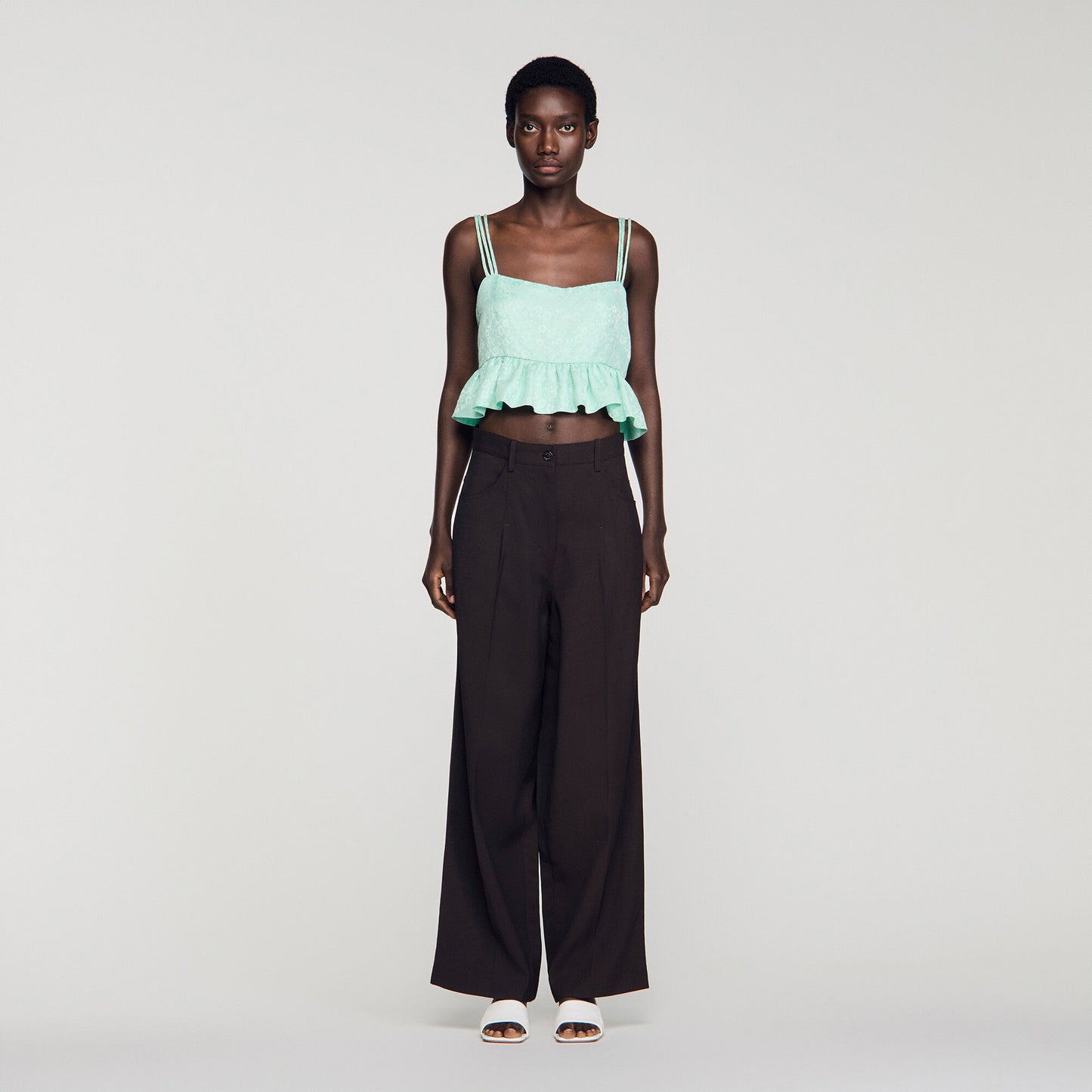 Modie Floral Jacquard Ruffle Crop Top Light Green