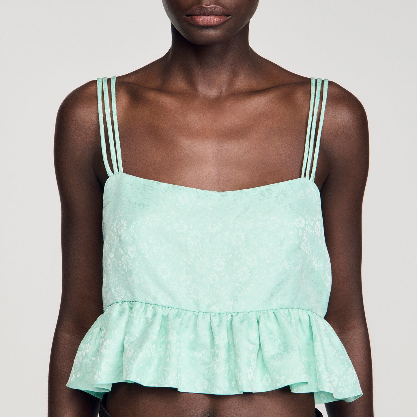 Modie Floral Jacquard Ruffle Crop Top Light Green