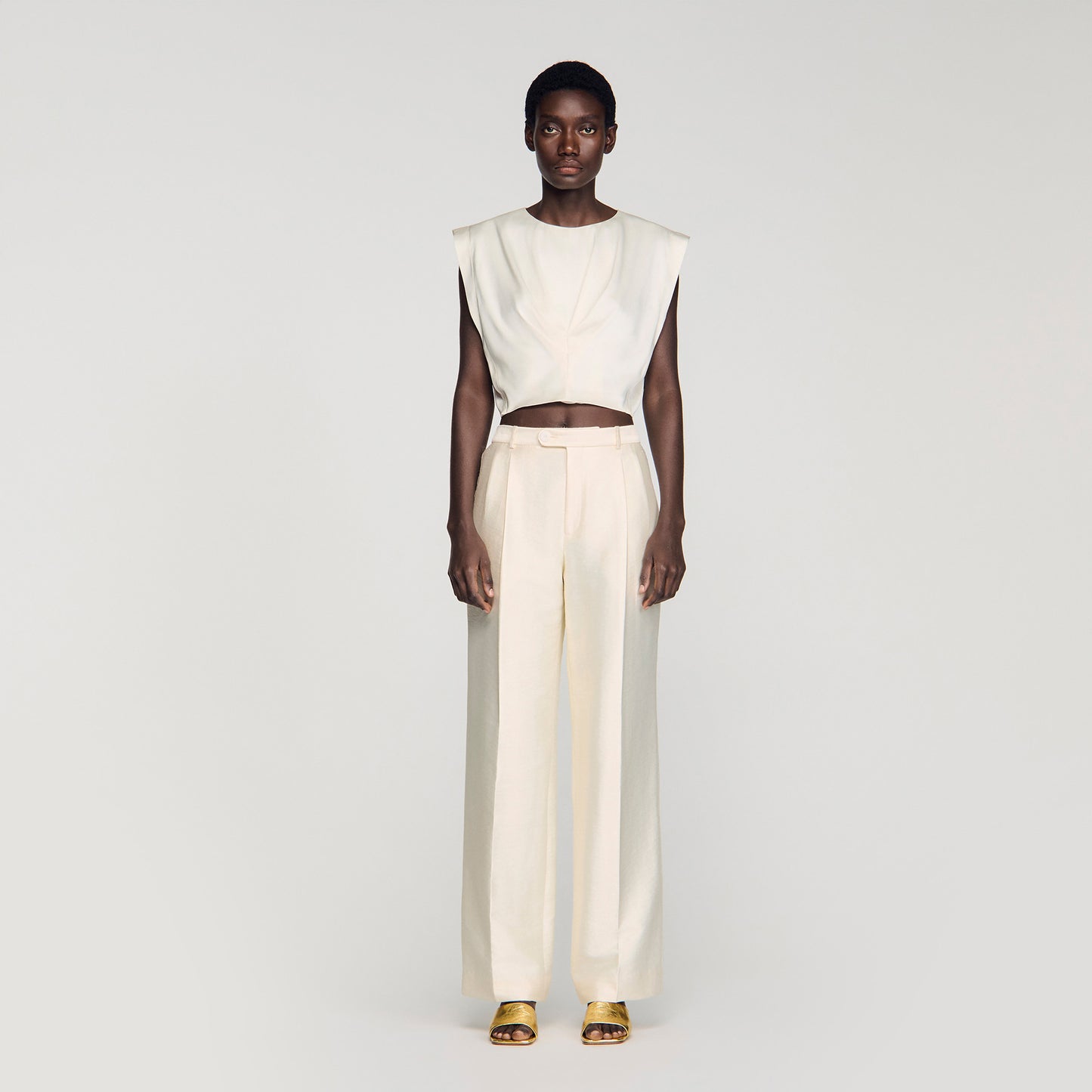 Boulogne Pleated Satin Crop Top Ecru