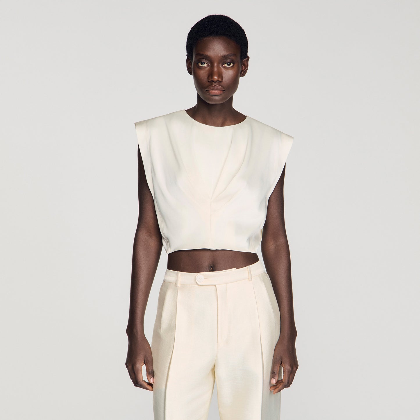 Boulogne Pleated Satin Crop Top Ecru