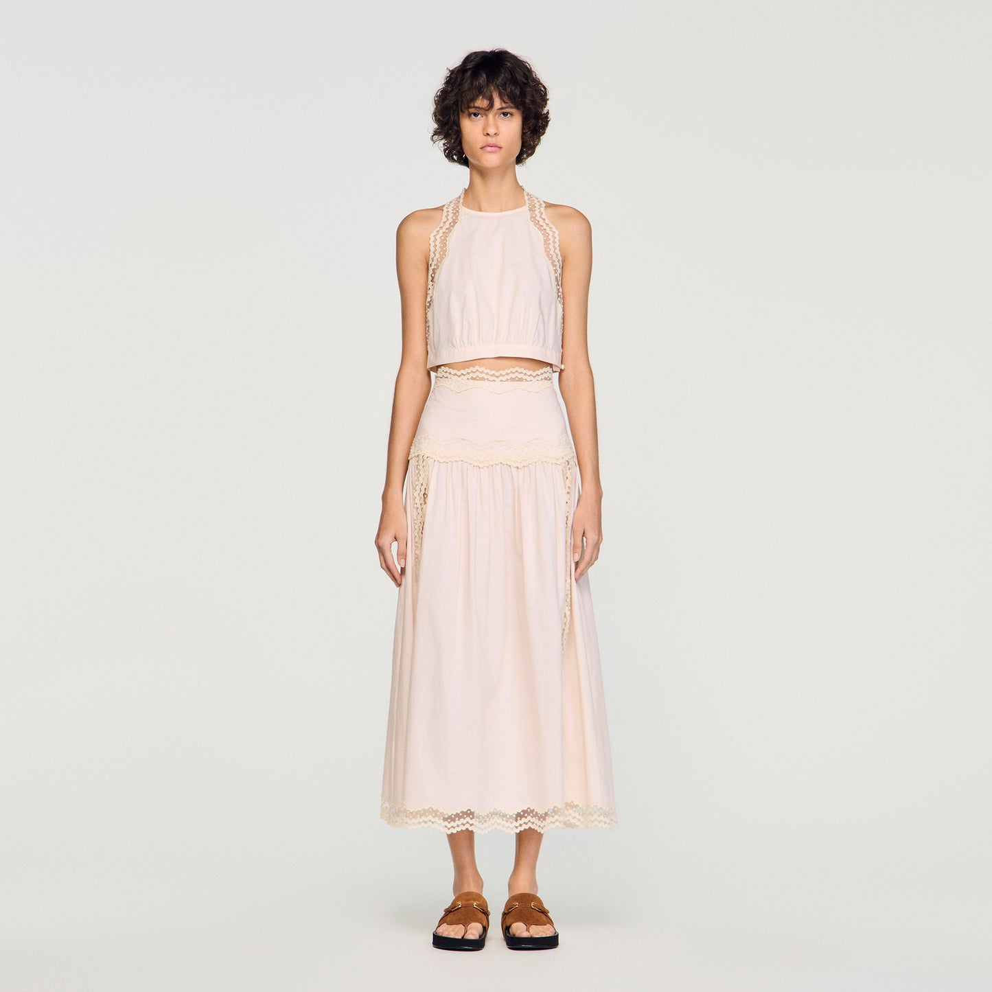 Bruna Cotton Crop Top With Lace Trim Light Pink