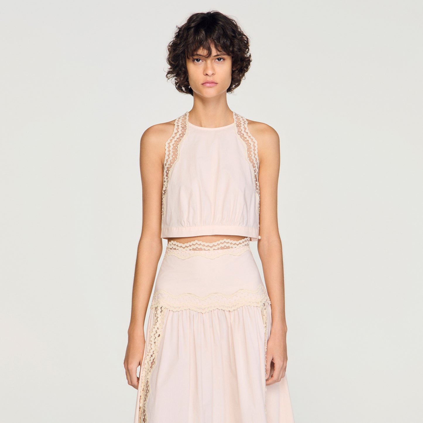 Bruna Cotton Crop Top With Lace Trim Light Pink