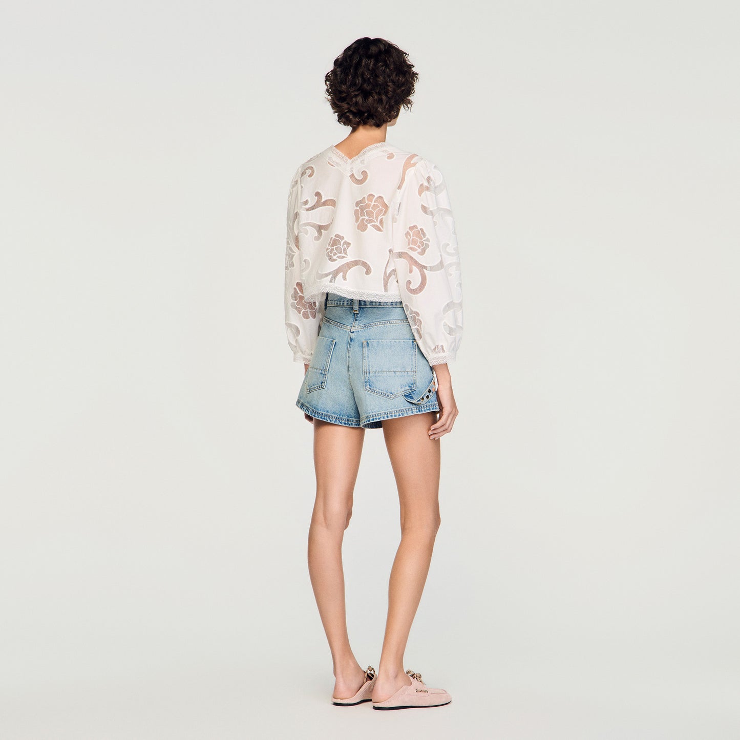 Luana Floral Openwork Crop Top Ecru